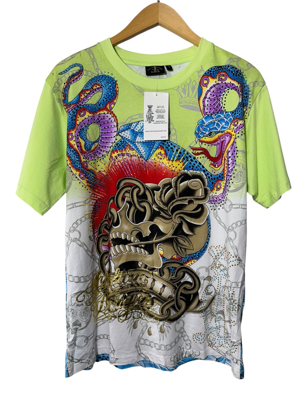 Christian Audigier Y2K Rhinestone Skull Snake Graphic Tee Women’s Large NWT - Picture 1 of 12